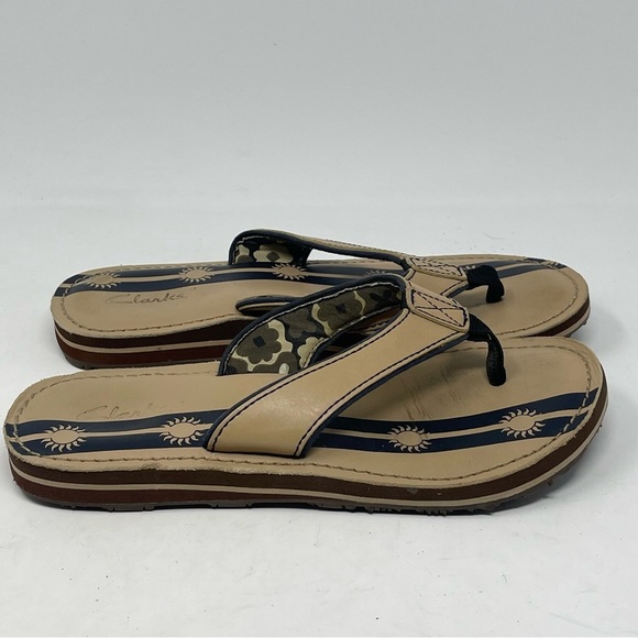 Clarks Sandals Womens 7 M Tan Blue Leather Thong Flip Flop Casual Comfort - Picture 3 of 11